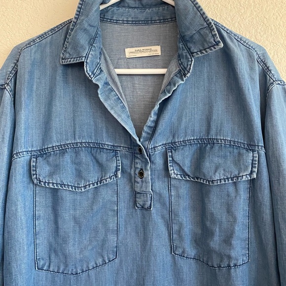 Zara Woman Blue Frayed Hem Lyocell Lightweight Shirt Dress - Picture 5 of 13